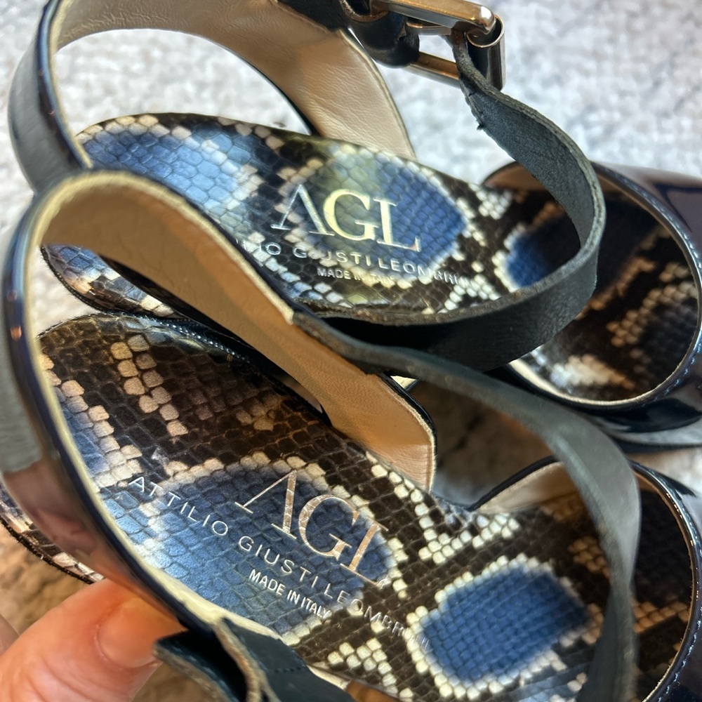 AGL Women’s Snakeskin Leather Patent Navy Denim Ankle Strap Wedges Shoes - Picture 4 of 15